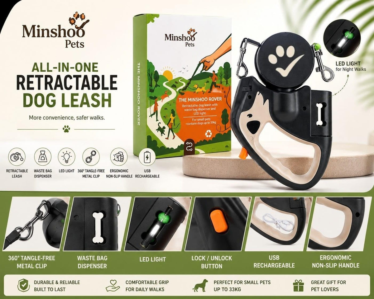 Minshoo Pets Retractable Dog Leash with LED Light, 360° Tangle-Free, USB Rechargeable & Waste Bag Dispenser