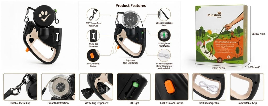 Minshoo Pets Retractable Dog Leash with LED Light, 360° Tangle-Free, USB Rechargeable & Waste Bag Dispenser