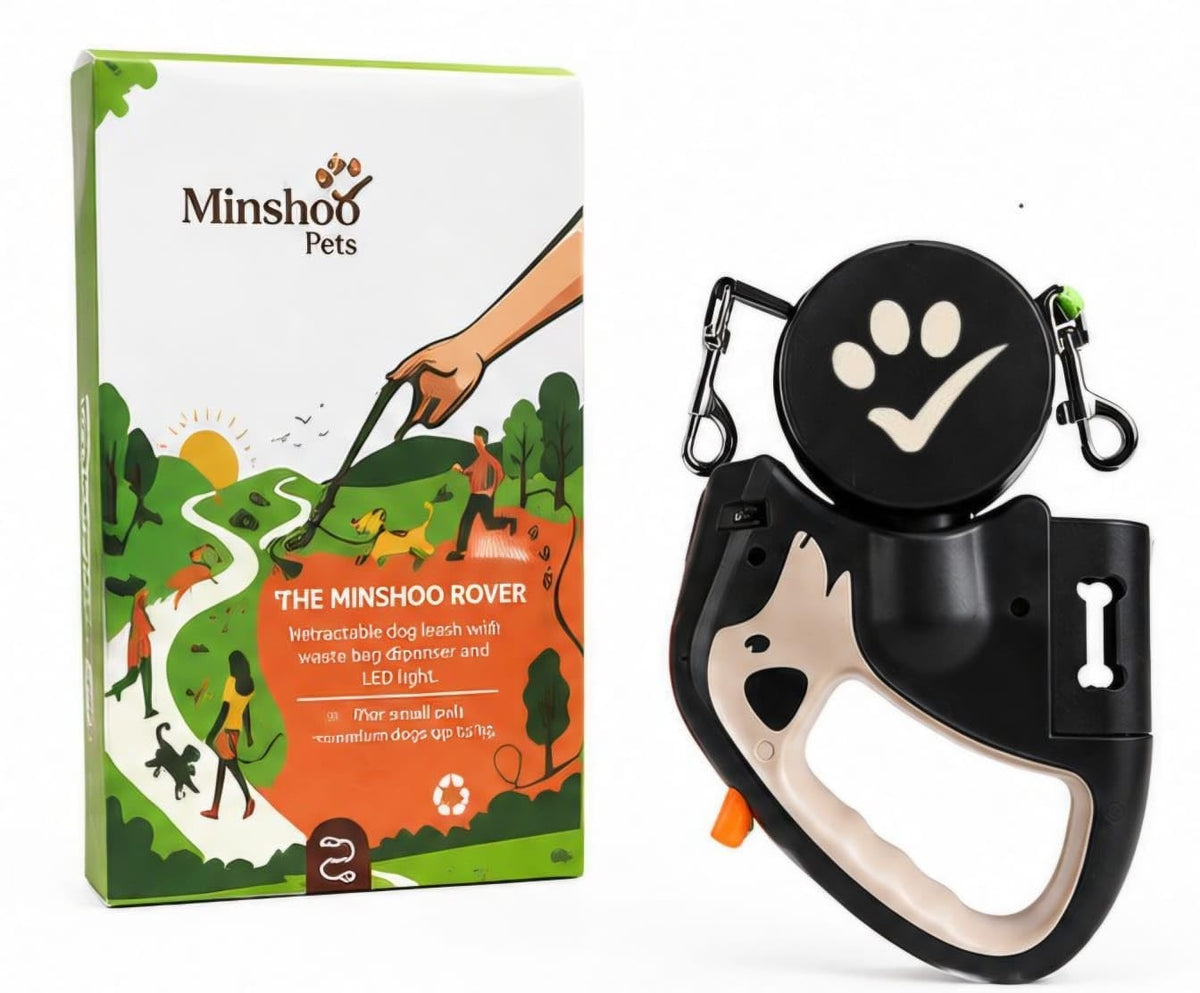 Minshoo Pets Retractable Dog Leash with LED Light, 360° Tangle-Free, USB Rechargeable & Waste Bag Dispenser
