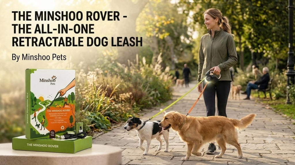Minshoo Pets Retractable Dog Leash with LED Light, 360° Tangle-Free, USB Rechargeable & Waste Bag Dispenser