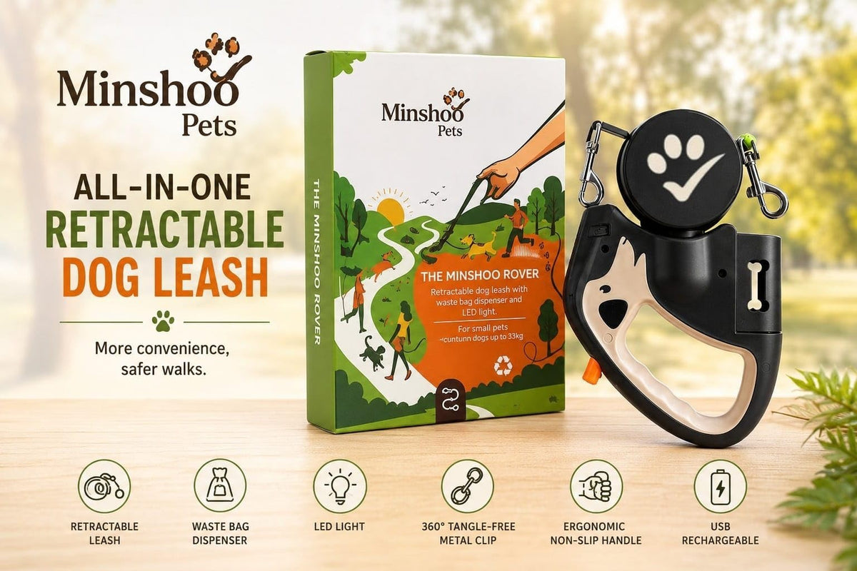 Minshoo Pets Retractable Dog Leash with LED Light, 360° Tangle-Free, USB Rechargeable & Waste Bag Dispenser
